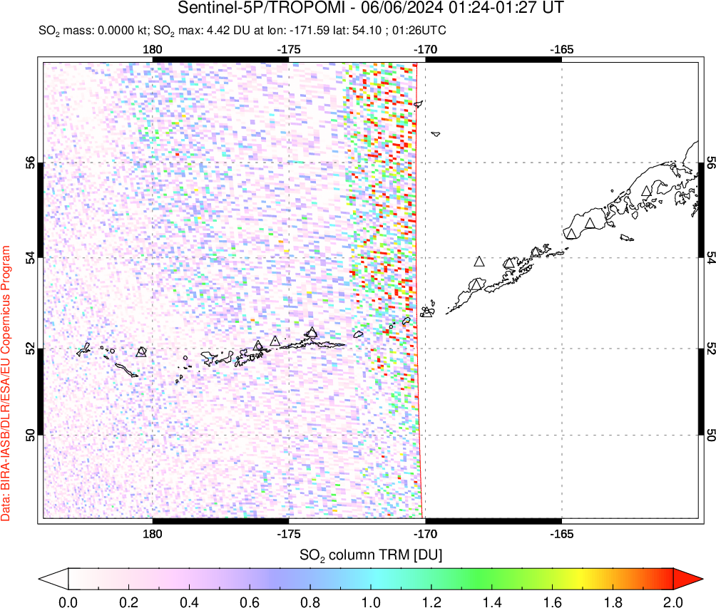 A sulfur dioxide image over Aleutian Islands, Alaska, USA on Jun 06, 2024.