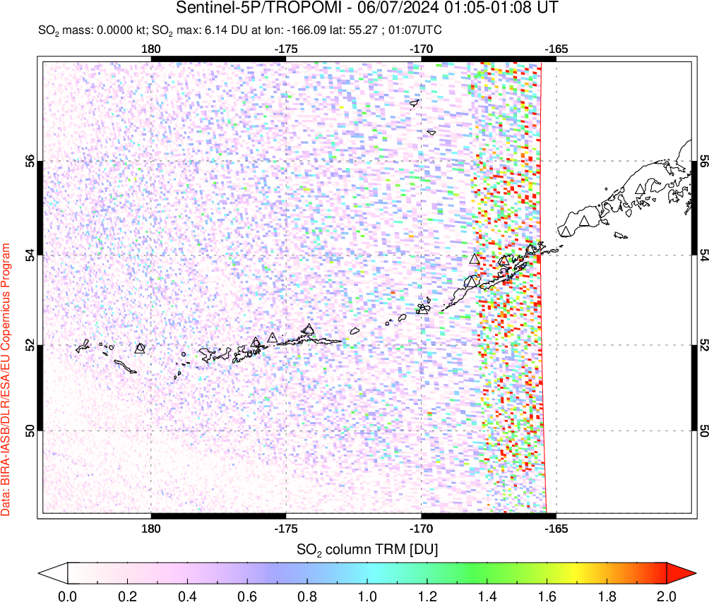 A sulfur dioxide image over Aleutian Islands, Alaska, USA on Jun 07, 2024.