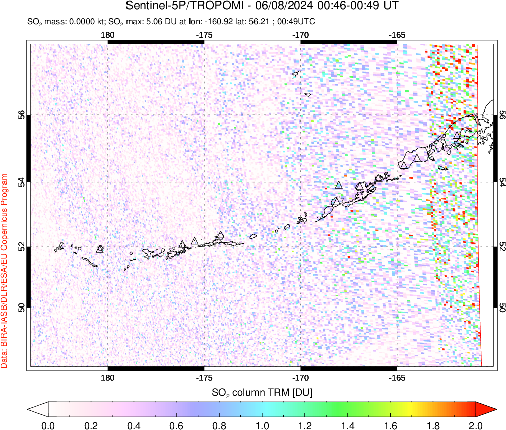 A sulfur dioxide image over Aleutian Islands, Alaska, USA on Jun 08, 2024.