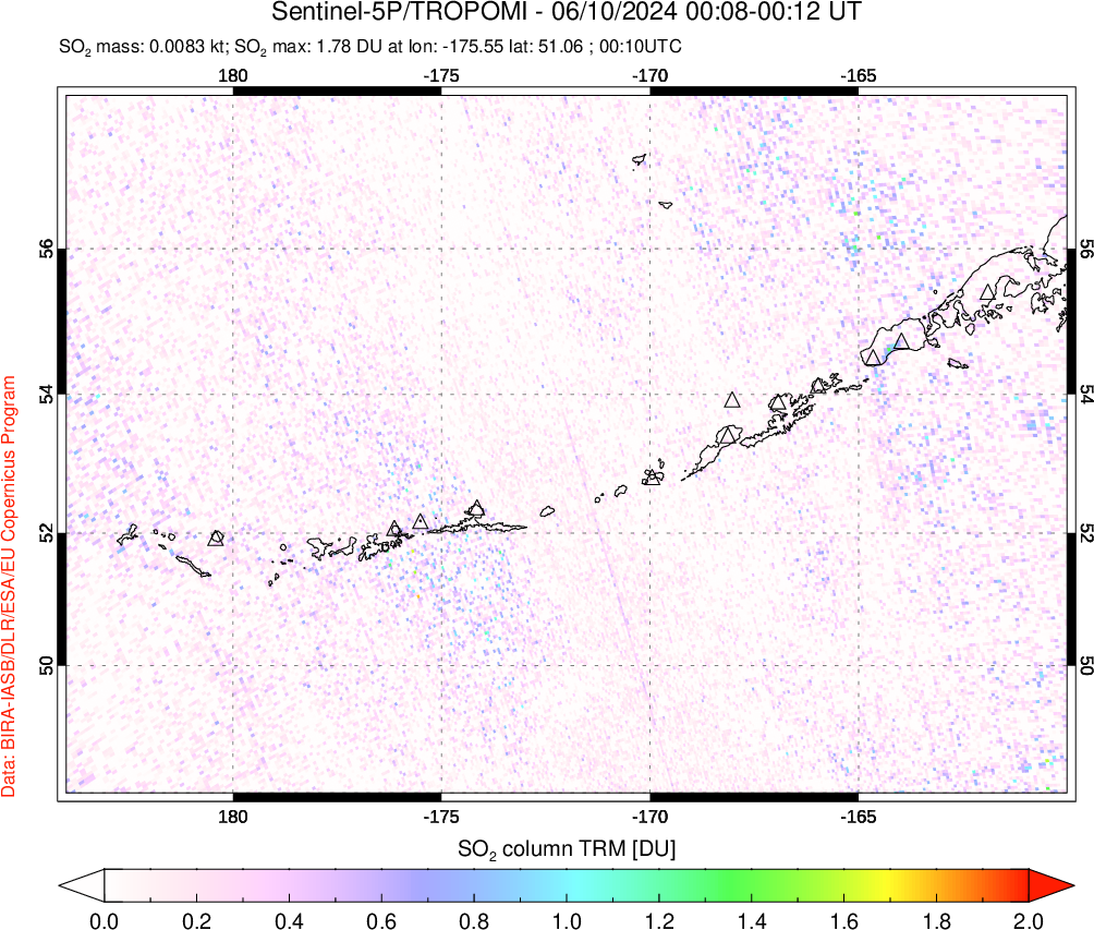 A sulfur dioxide image over Aleutian Islands, Alaska, USA on Jun 10, 2024.