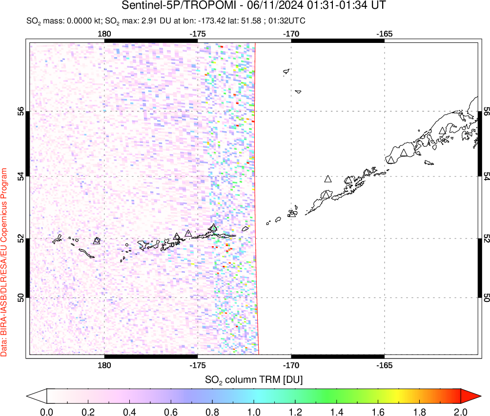 A sulfur dioxide image over Aleutian Islands, Alaska, USA on Jun 11, 2024.