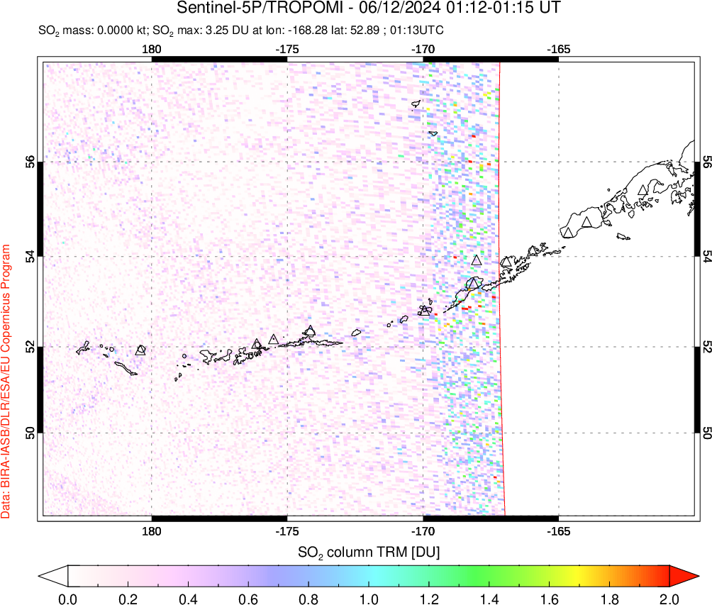 A sulfur dioxide image over Aleutian Islands, Alaska, USA on Jun 12, 2024.