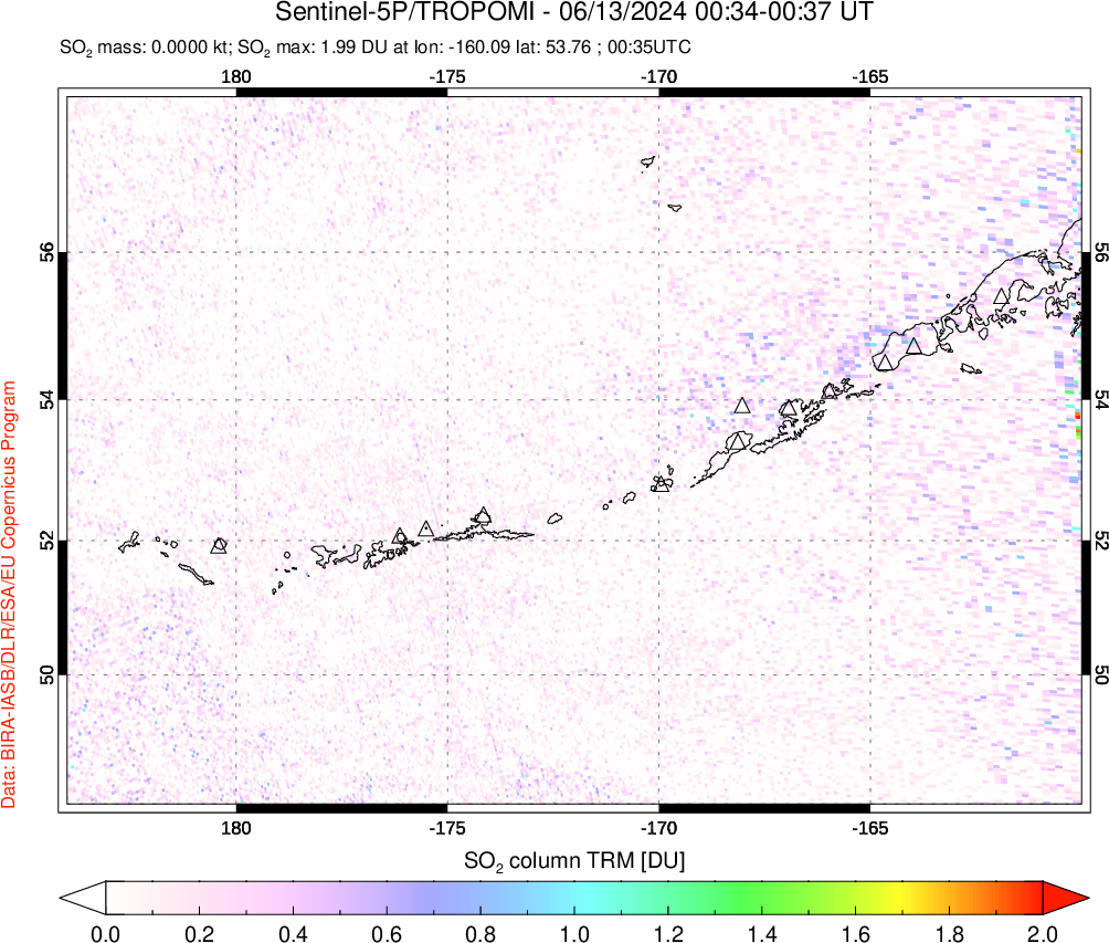 A sulfur dioxide image over Aleutian Islands, Alaska, USA on Jun 13, 2024.