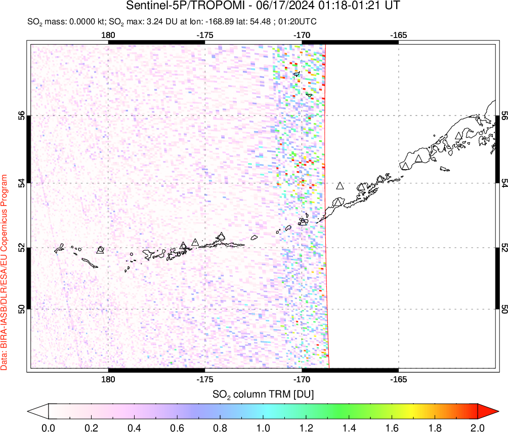 A sulfur dioxide image over Aleutian Islands, Alaska, USA on Jun 17, 2024.