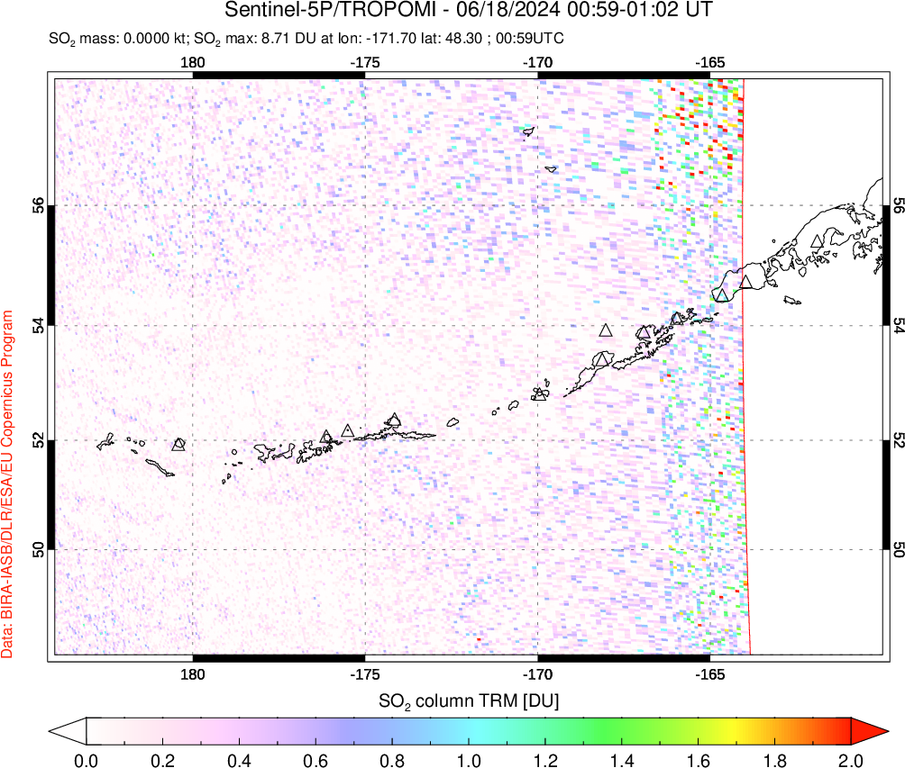 A sulfur dioxide image over Aleutian Islands, Alaska, USA on Jun 18, 2024.