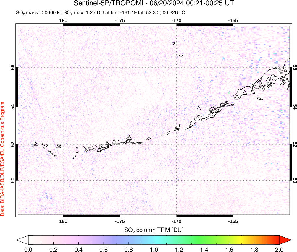 A sulfur dioxide image over Aleutian Islands, Alaska, USA on Jun 20, 2024.