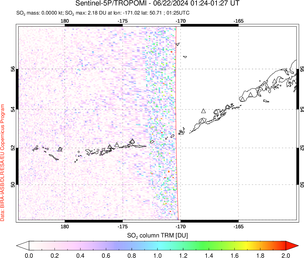 A sulfur dioxide image over Aleutian Islands, Alaska, USA on Jun 22, 2024.