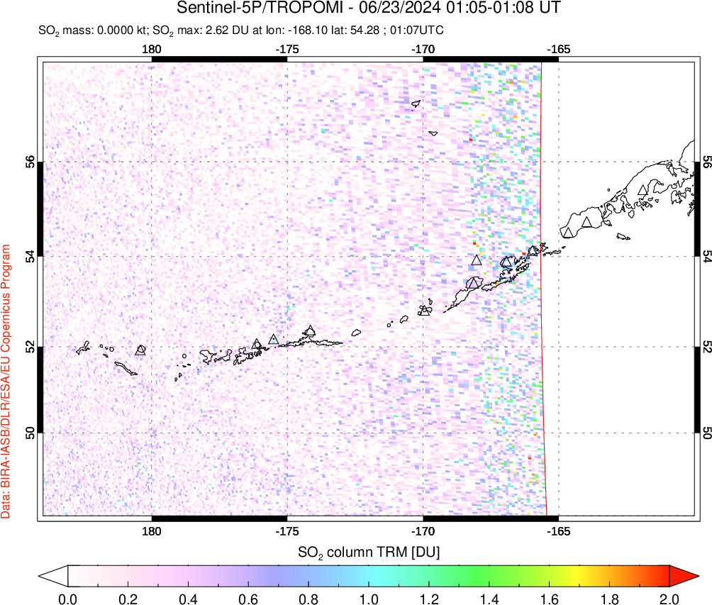 A sulfur dioxide image over Aleutian Islands, Alaska, USA on Jun 23, 2024.