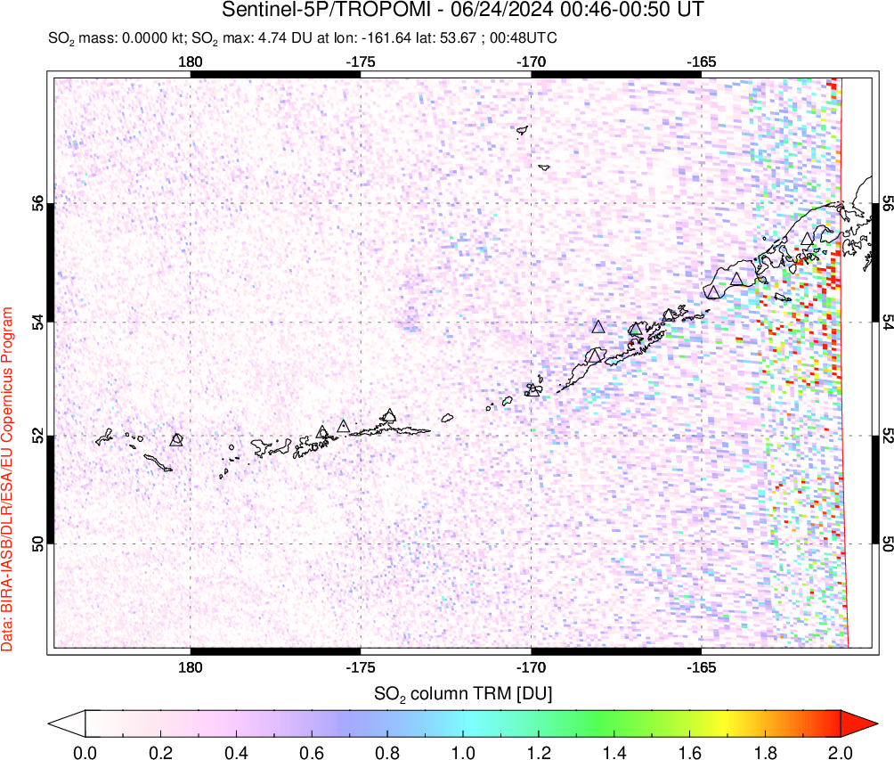 A sulfur dioxide image over Aleutian Islands, Alaska, USA on Jun 24, 2024.