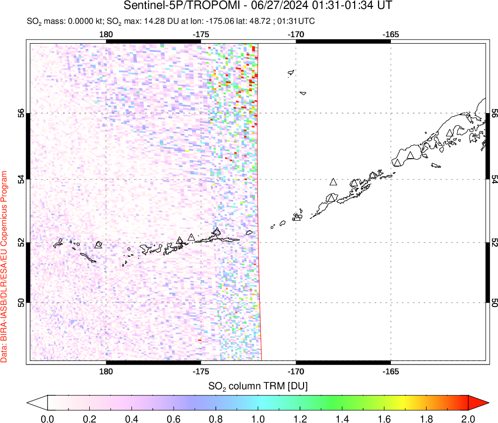 A sulfur dioxide image over Aleutian Islands, Alaska, USA on Jun 27, 2024.