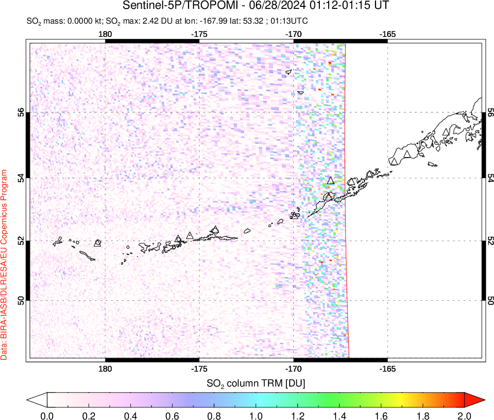 A sulfur dioxide image over Aleutian Islands, Alaska, USA on Jun 28, 2024.