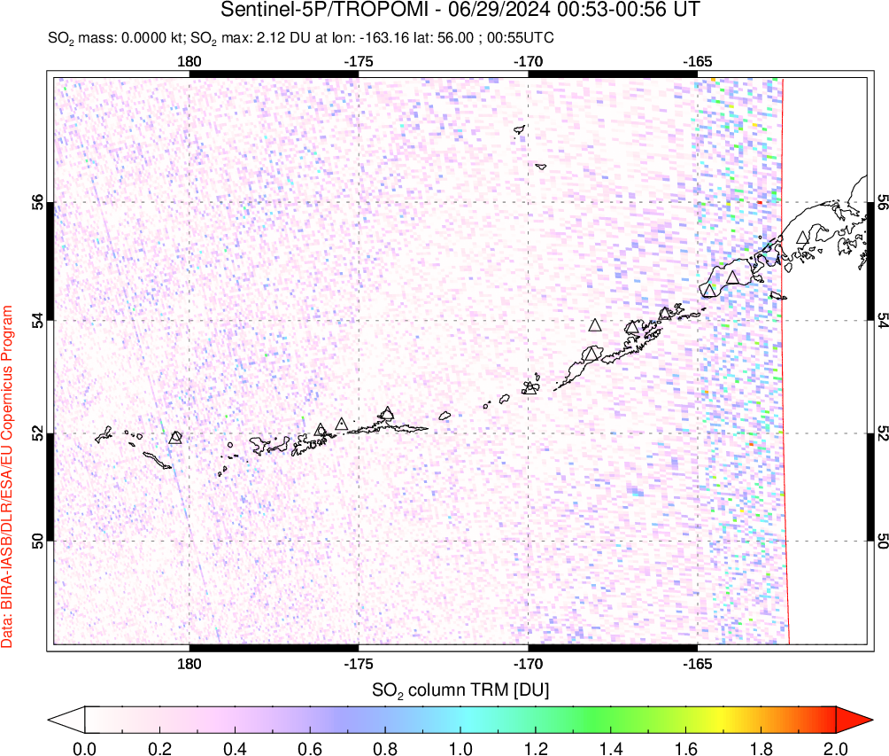 A sulfur dioxide image over Aleutian Islands, Alaska, USA on Jun 29, 2024.