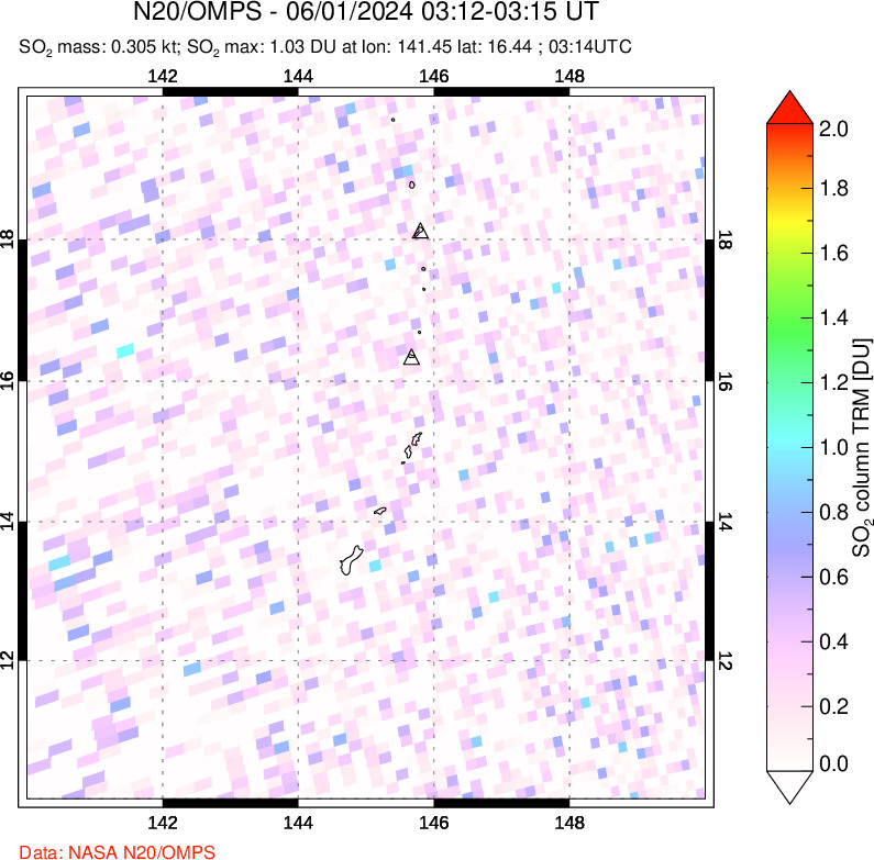 A sulfur dioxide image over Anatahan, Mariana Islands on Jun 01, 2024.