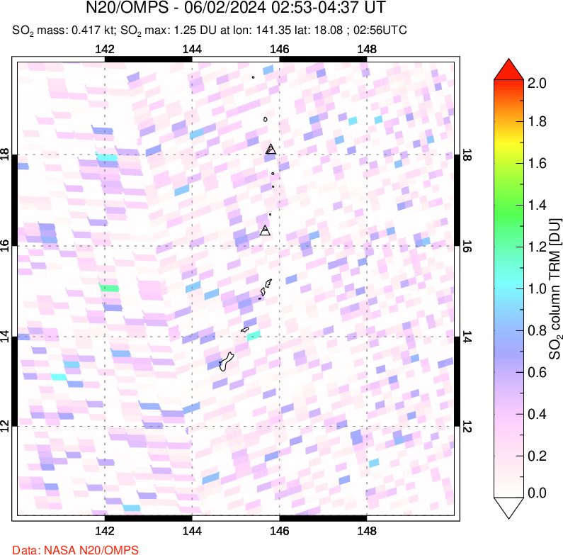 A sulfur dioxide image over Anatahan, Mariana Islands on Jun 02, 2024.