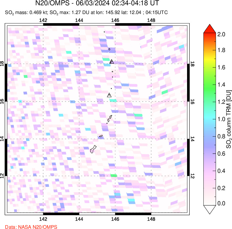 A sulfur dioxide image over Anatahan, Mariana Islands on Jun 03, 2024.