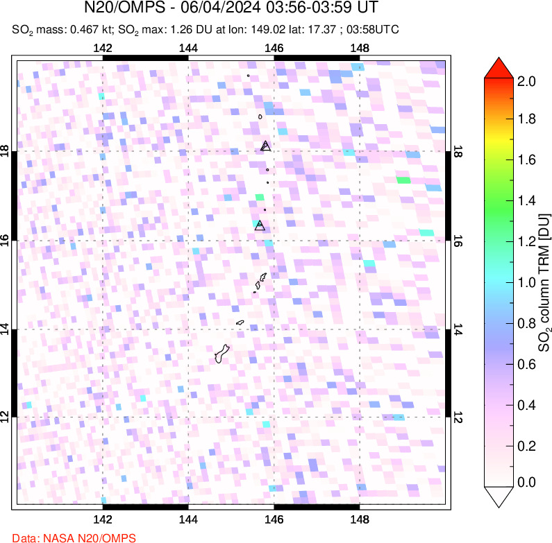 A sulfur dioxide image over Anatahan, Mariana Islands on Jun 04, 2024.