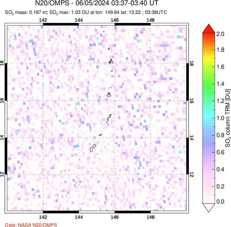 A sulfur dioxide image over Anatahan, Mariana Islands on Jun 05, 2024.