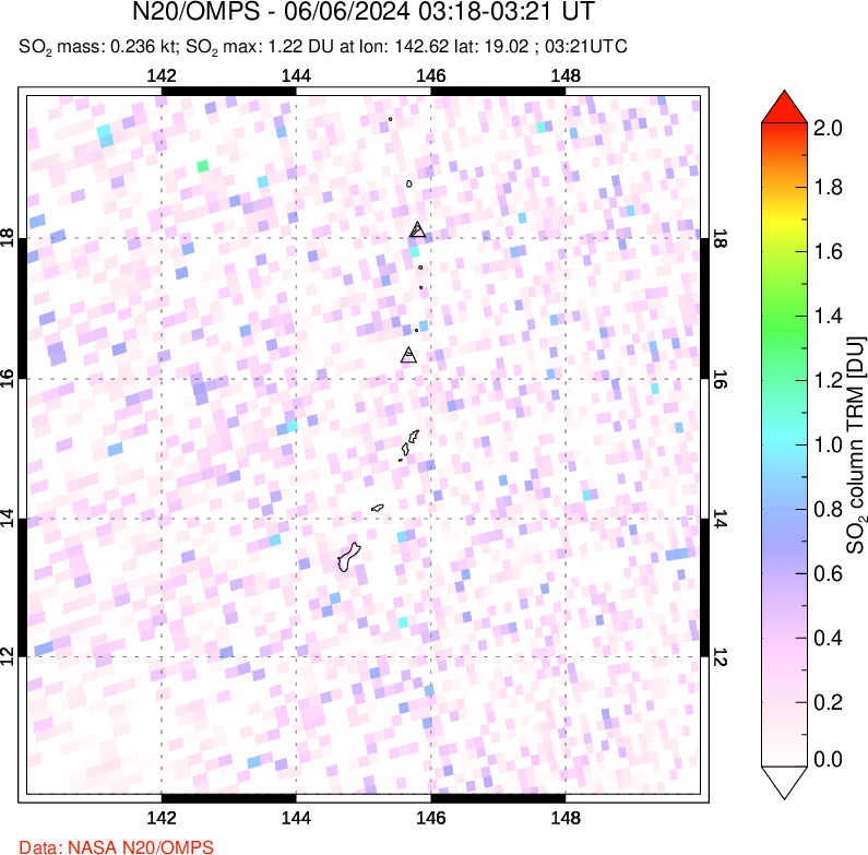 A sulfur dioxide image over Anatahan, Mariana Islands on Jun 06, 2024.