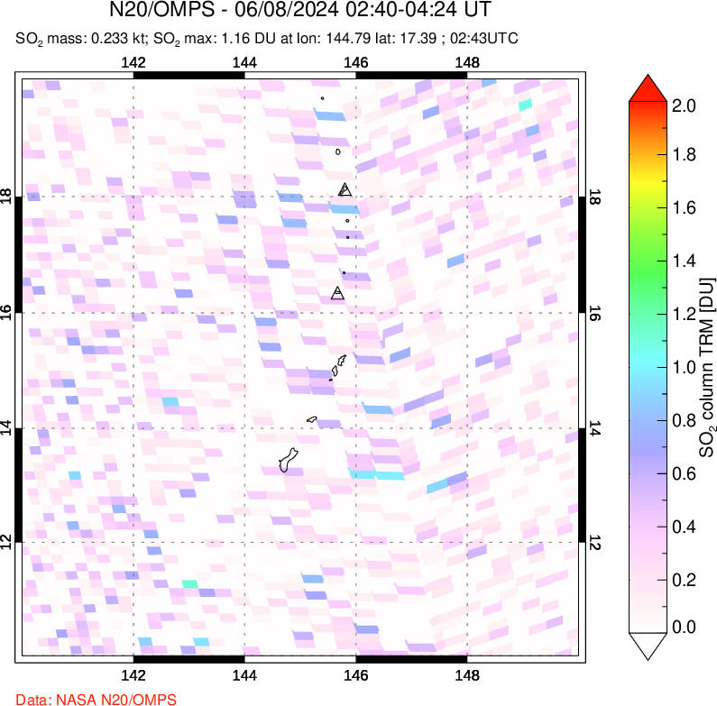 A sulfur dioxide image over Anatahan, Mariana Islands on Jun 08, 2024.