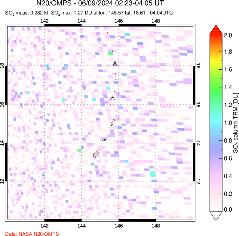 A sulfur dioxide image over Anatahan, Mariana Islands on Jun 09, 2024.