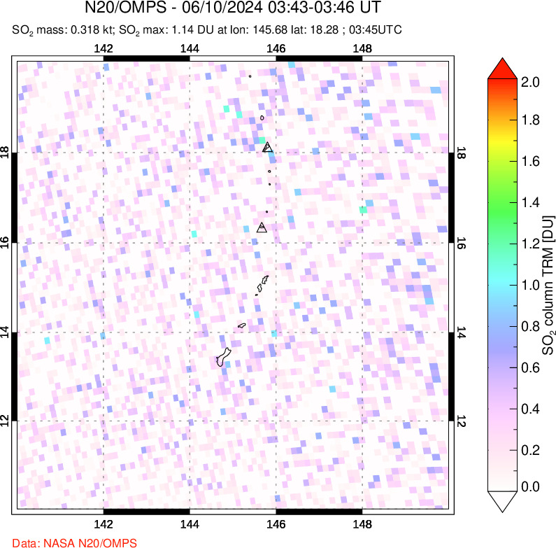 A sulfur dioxide image over Anatahan, Mariana Islands on Jun 10, 2024.