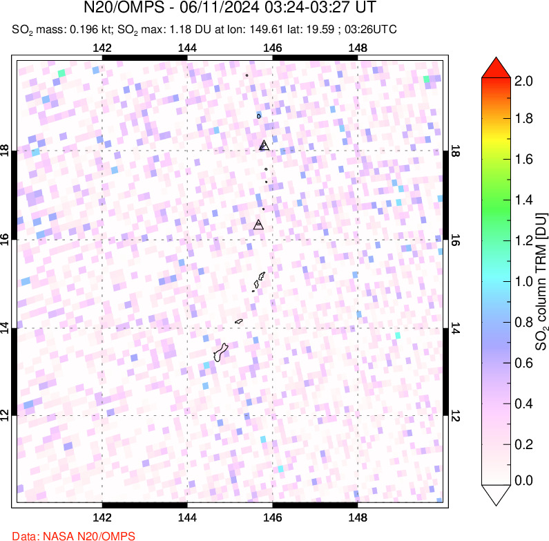 A sulfur dioxide image over Anatahan, Mariana Islands on Jun 11, 2024.