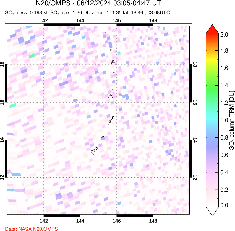 A sulfur dioxide image over Anatahan, Mariana Islands on Jun 12, 2024.