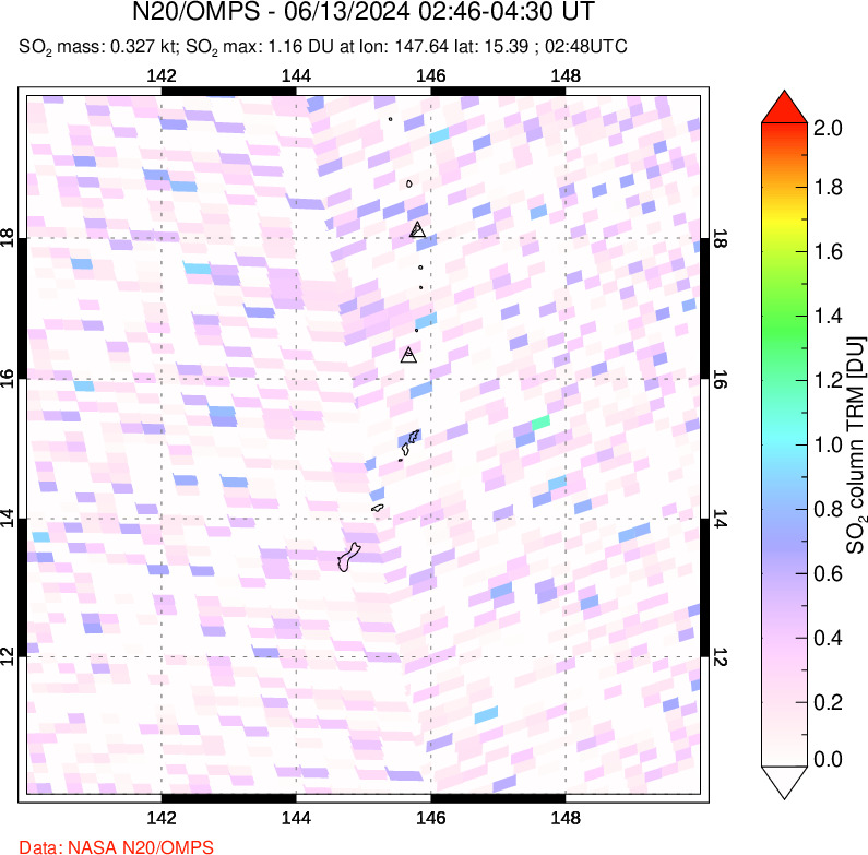 A sulfur dioxide image over Anatahan, Mariana Islands on Jun 13, 2024.