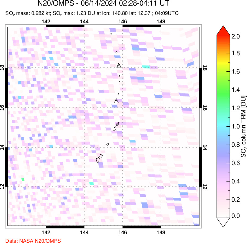 A sulfur dioxide image over Anatahan, Mariana Islands on Jun 14, 2024.