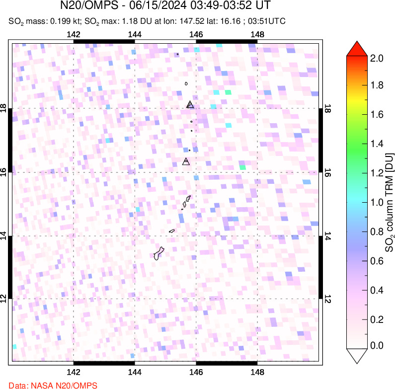 A sulfur dioxide image over Anatahan, Mariana Islands on Jun 15, 2024.