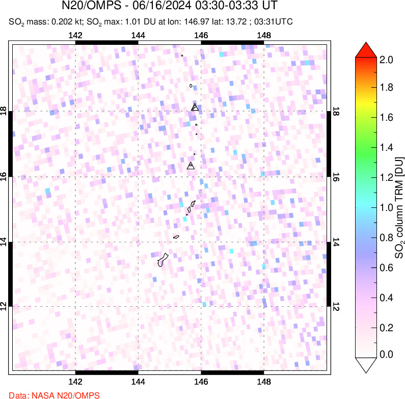 A sulfur dioxide image over Anatahan, Mariana Islands on Jun 16, 2024.