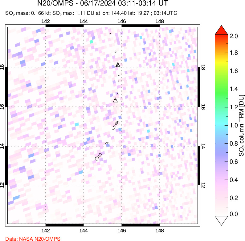 A sulfur dioxide image over Anatahan, Mariana Islands on Jun 17, 2024.