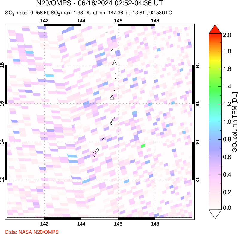 A sulfur dioxide image over Anatahan, Mariana Islands on Jun 18, 2024.