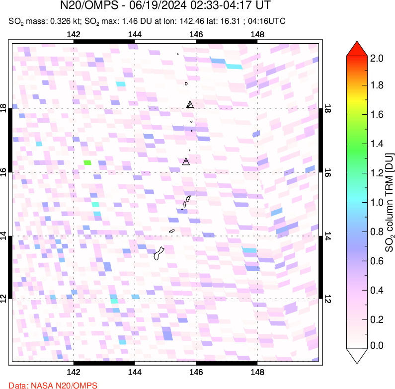 A sulfur dioxide image over Anatahan, Mariana Islands on Jun 19, 2024.