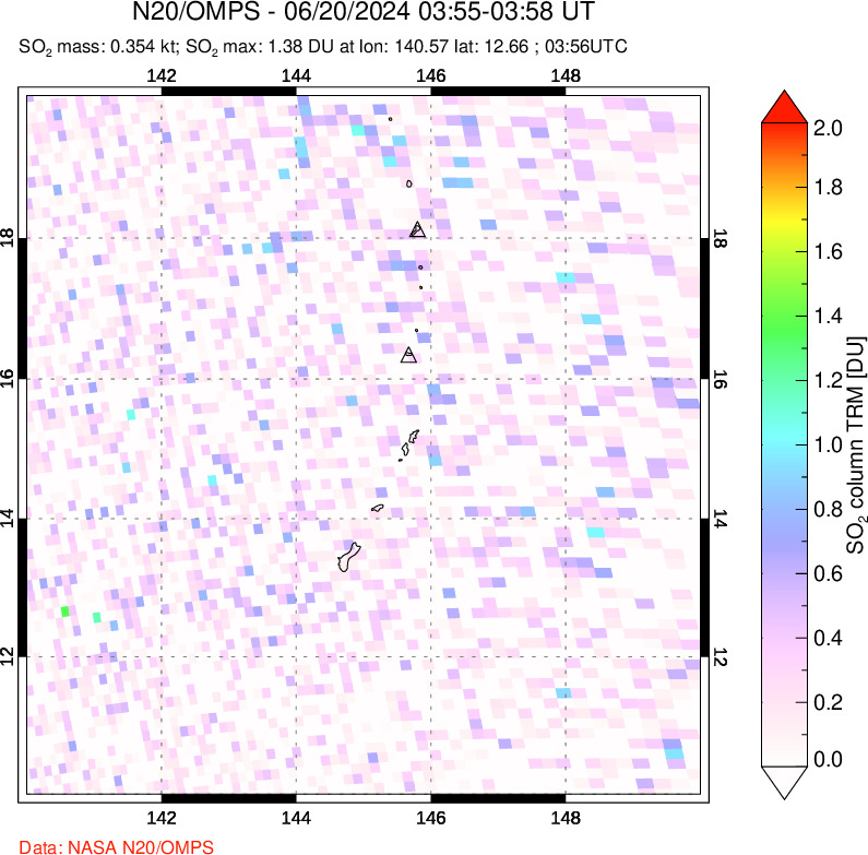 A sulfur dioxide image over Anatahan, Mariana Islands on Jun 20, 2024.