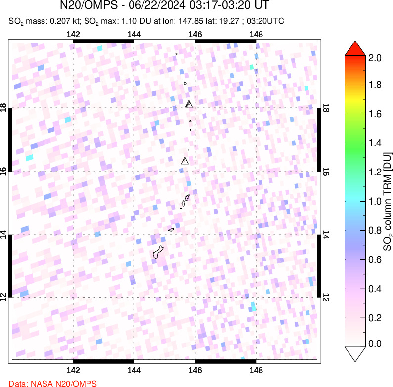 A sulfur dioxide image over Anatahan, Mariana Islands on Jun 22, 2024.