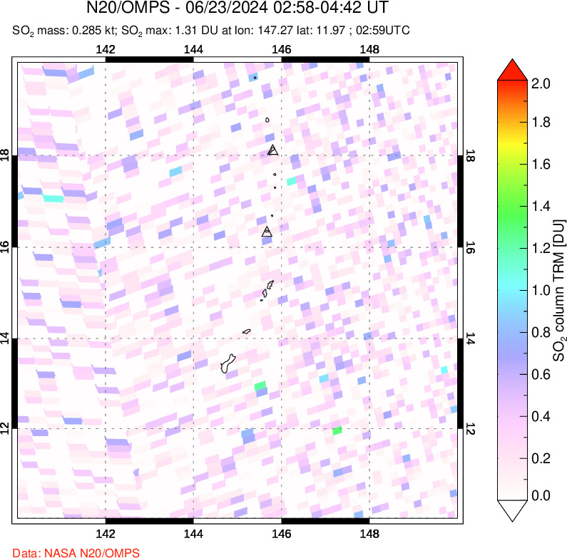 A sulfur dioxide image over Anatahan, Mariana Islands on Jun 23, 2024.