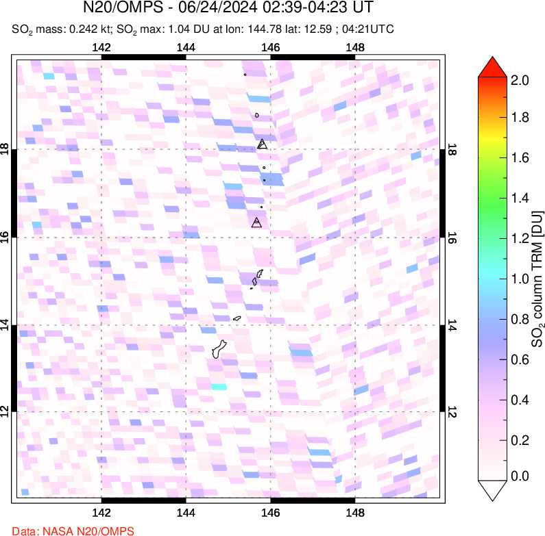 A sulfur dioxide image over Anatahan, Mariana Islands on Jun 24, 2024.