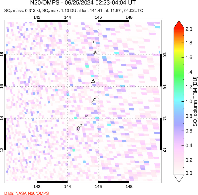 A sulfur dioxide image over Anatahan, Mariana Islands on Jun 25, 2024.