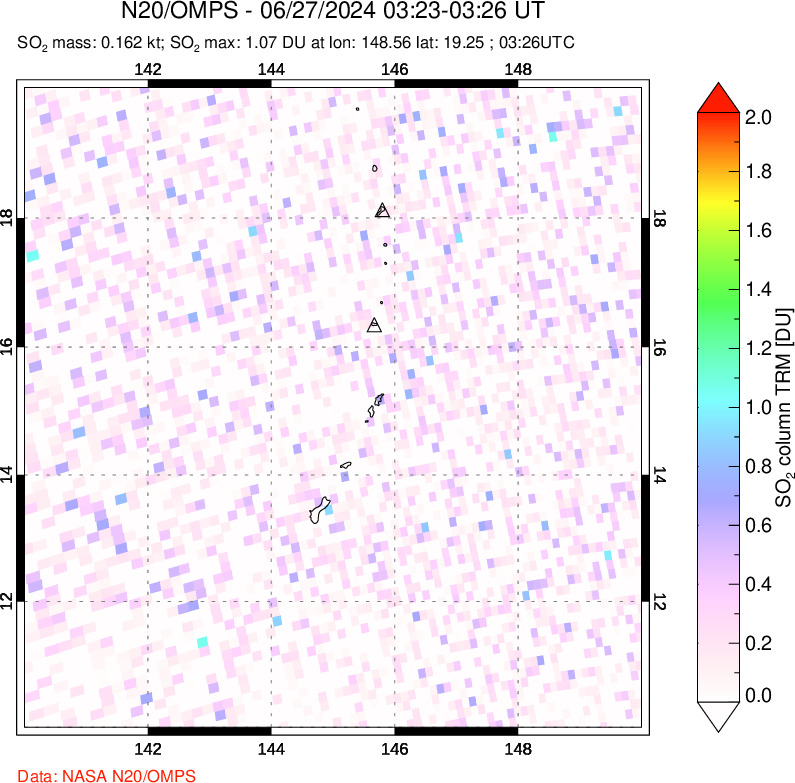 A sulfur dioxide image over Anatahan, Mariana Islands on Jun 27, 2024.