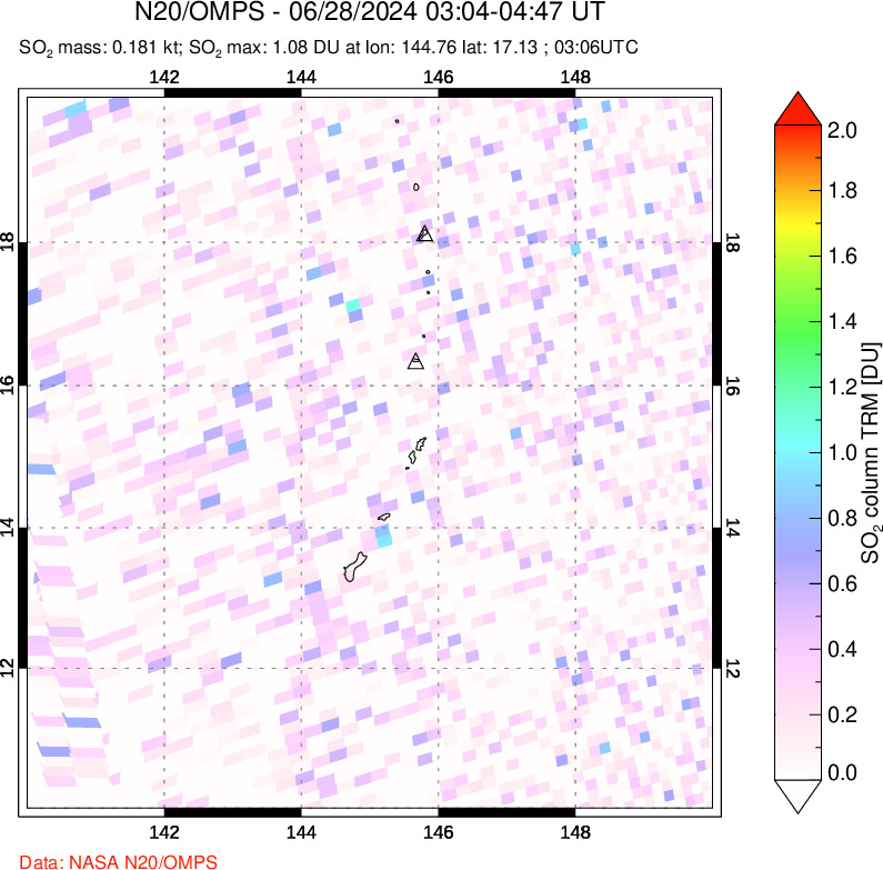 A sulfur dioxide image over Anatahan, Mariana Islands on Jun 28, 2024.