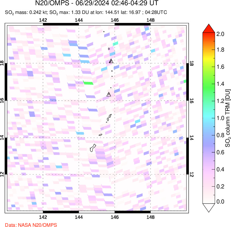 A sulfur dioxide image over Anatahan, Mariana Islands on Jun 29, 2024.