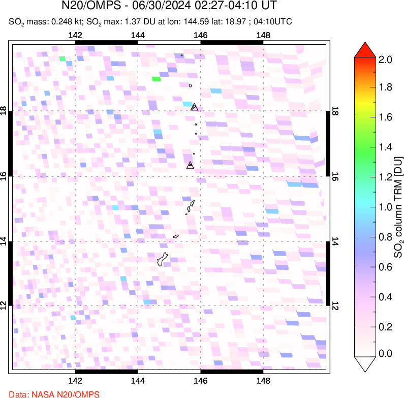 A sulfur dioxide image over Anatahan, Mariana Islands on Jun 30, 2024.