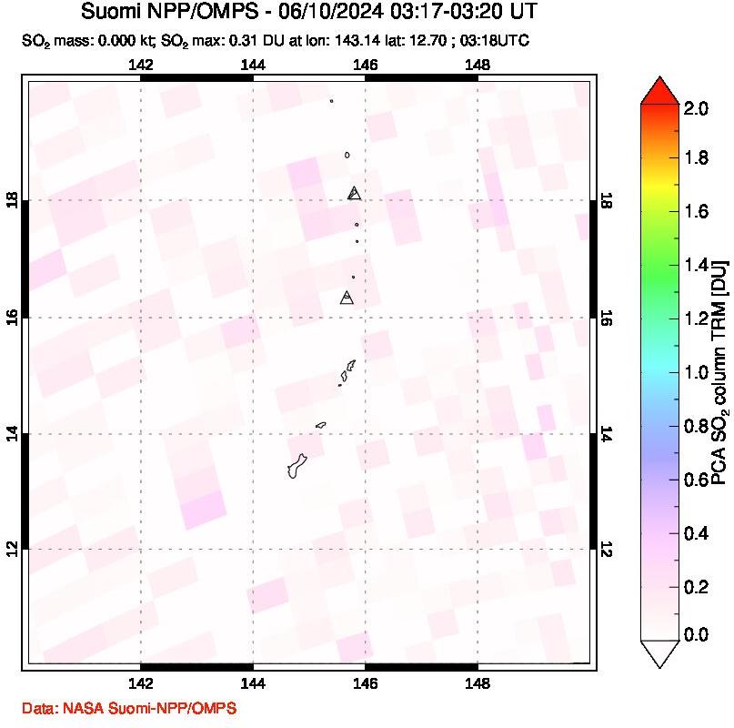 A sulfur dioxide image over Anatahan, Mariana Islands on Jun 10, 2024.