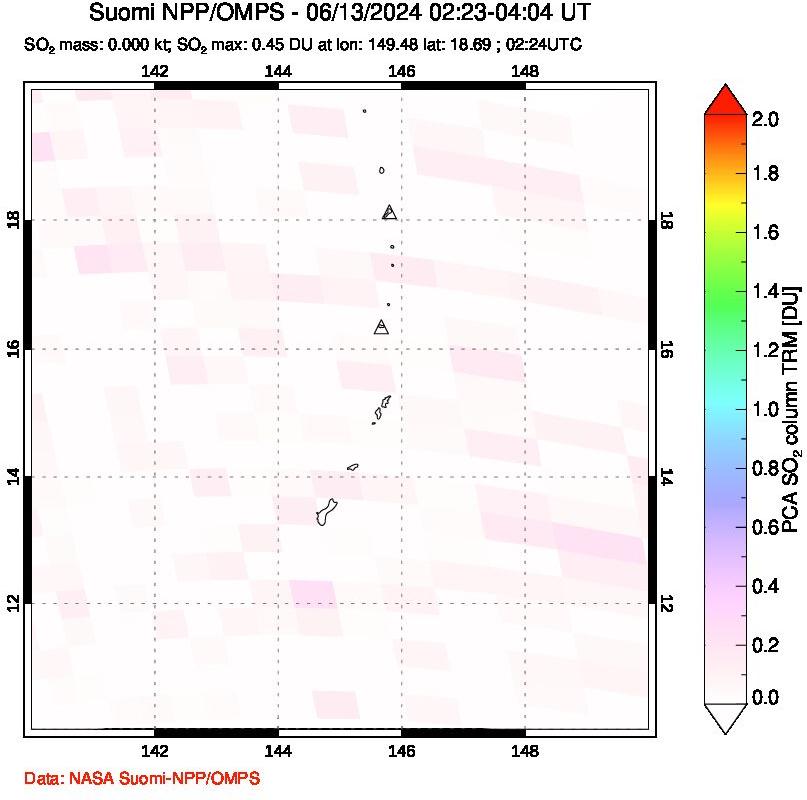 A sulfur dioxide image over Anatahan, Mariana Islands on Jun 13, 2024.