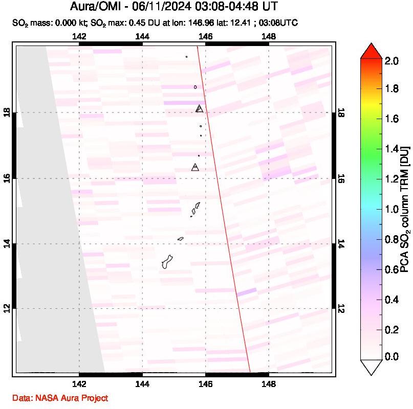 A sulfur dioxide image over Anatahan, Mariana Islands on Jun 11, 2024.