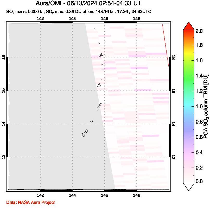 A sulfur dioxide image over Anatahan, Mariana Islands on Jun 13, 2024.