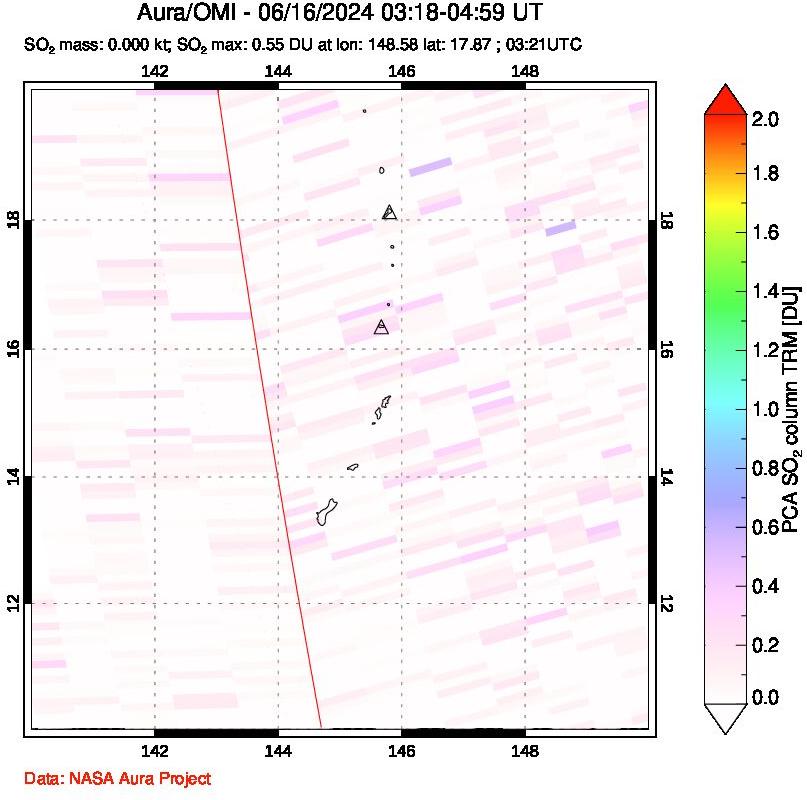 A sulfur dioxide image over Anatahan, Mariana Islands on Jun 16, 2024.