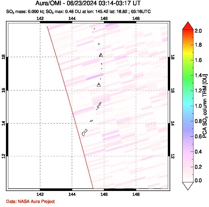 A sulfur dioxide image over Anatahan, Mariana Islands on Jun 23, 2024.