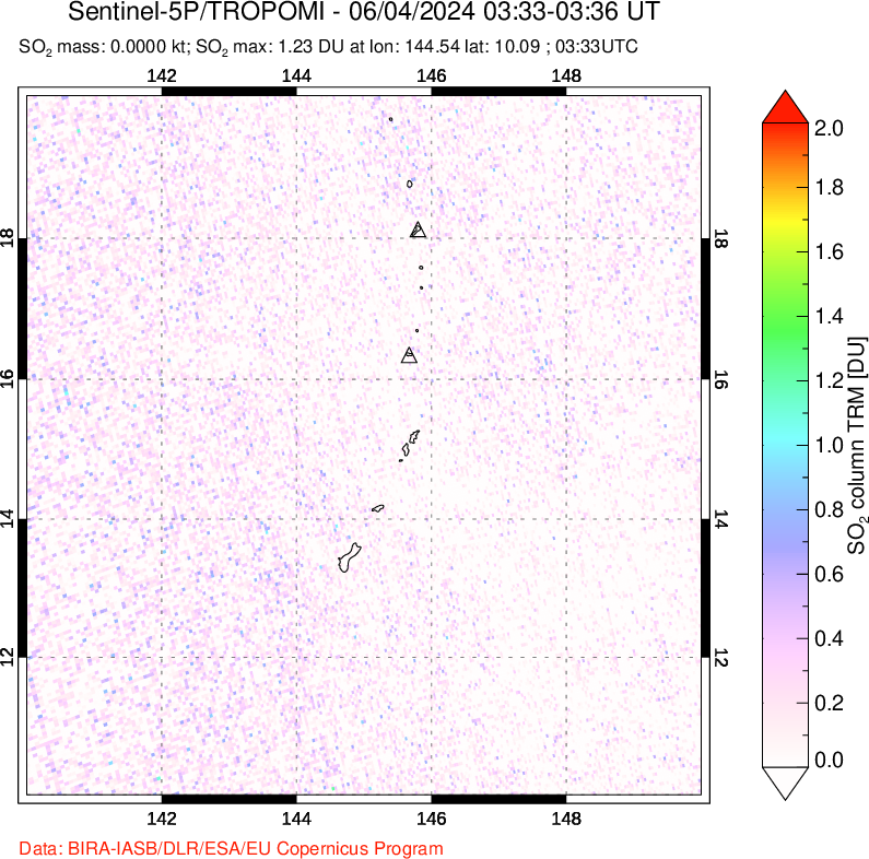 A sulfur dioxide image over Anatahan, Mariana Islands on Jun 04, 2024.